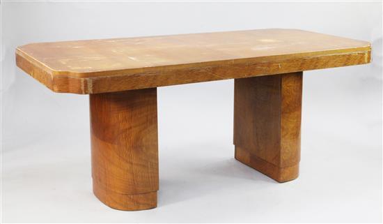 An Art Deco satin walnut dining table, 6ft x 3ft